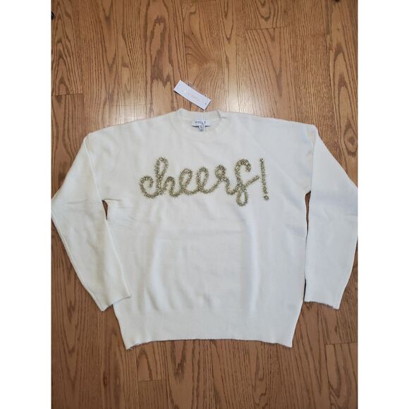 GILLI Womens S Cheers! Christmas Holiday Sweater White Gold Metallic NEW Unique - Picture 1 of 10